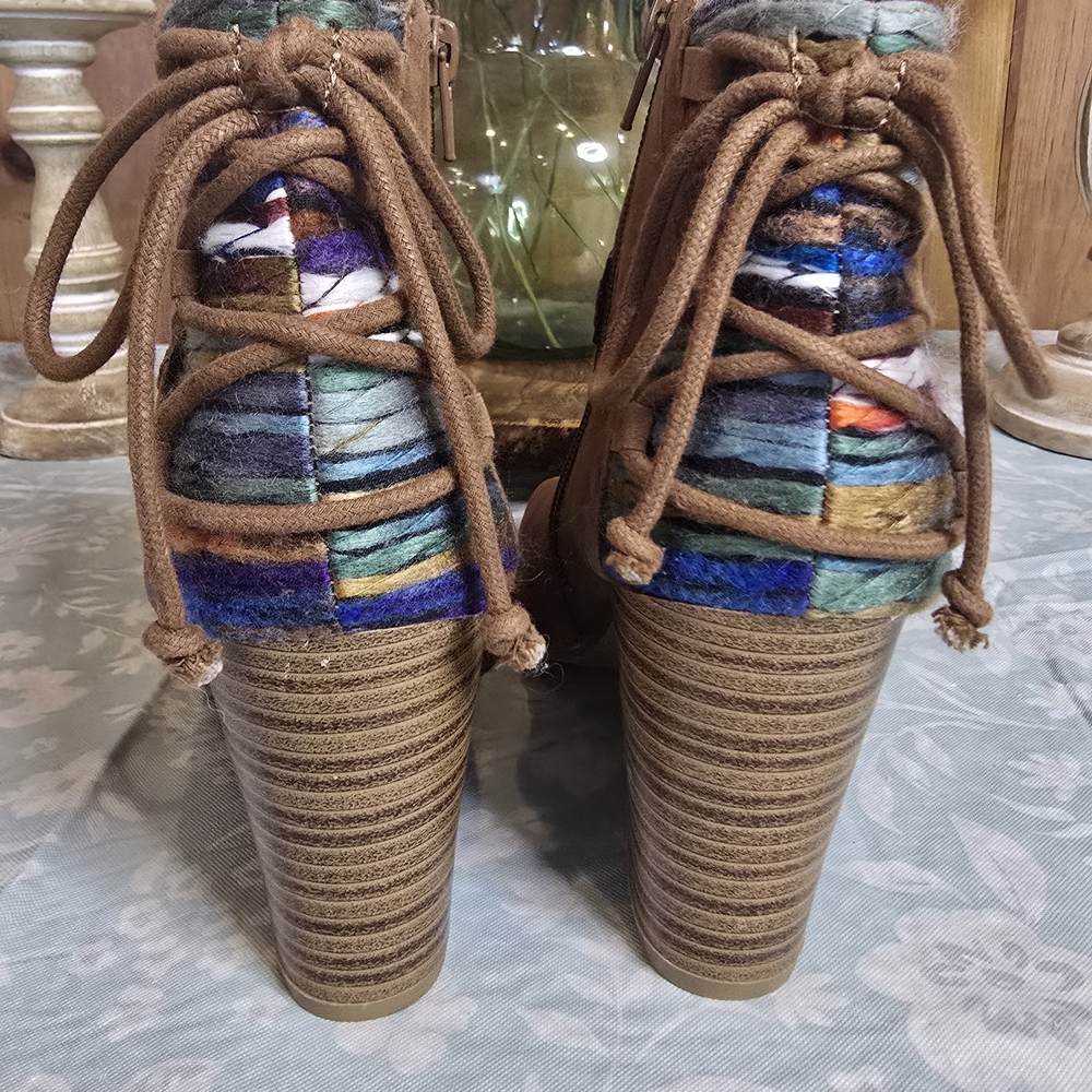 Rampage Tan Ankle Boots with Colorful Accents Open Toe Boho Size 8 - Picture 2 of 10
